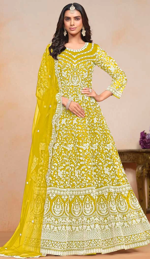Lime Yellow Net Embroidered Anarkali Style Salwar Suit - 146901232