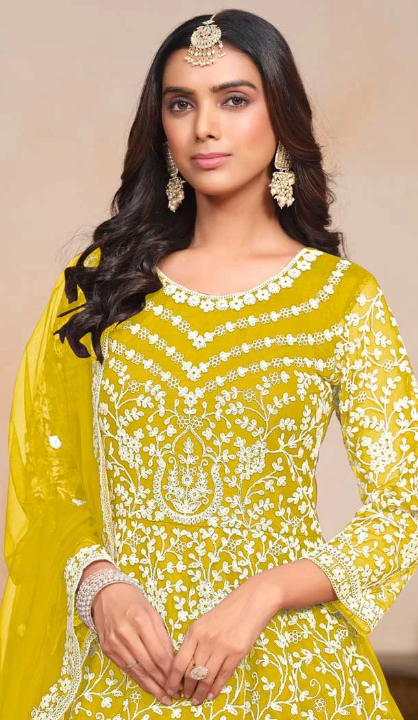 Lime Yellow Net Embroidered Anarkali Style Salwar Suit - 146901232
