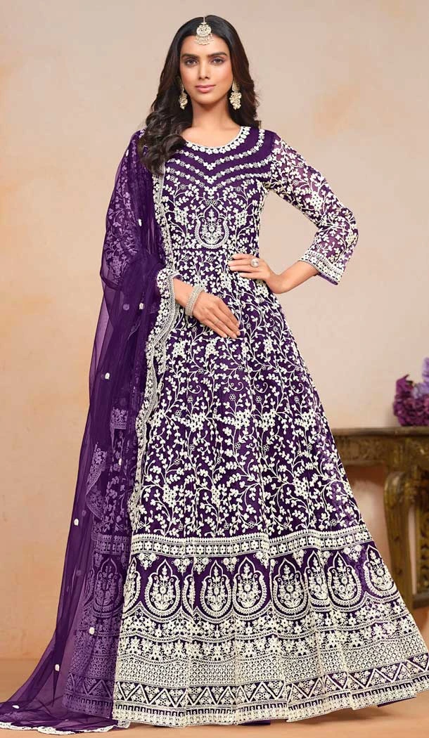 Purple Net Embroidered Anarkali Style Salwar Suit - 146901233
