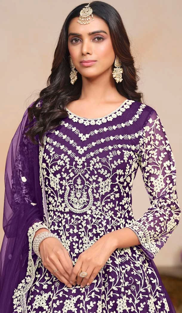 Purple Net Embroidered Anarkali Style Salwar Suit - 146901233