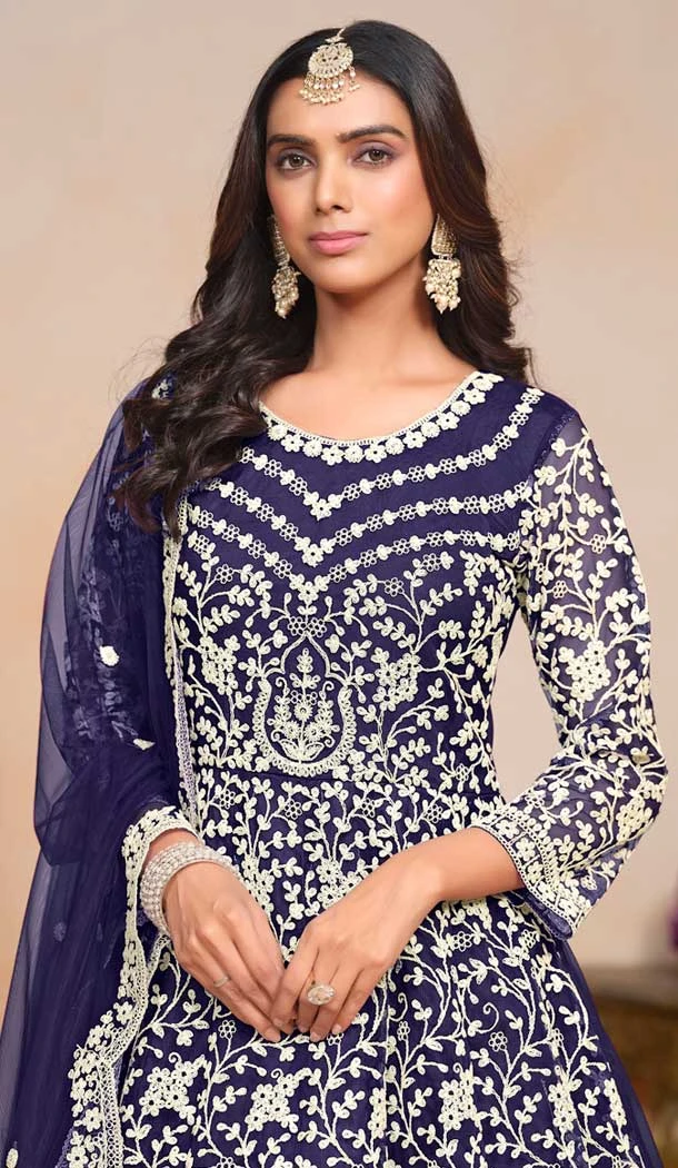 Blue Net Embroidered Anarkali Style Salwar Suit - 146901234