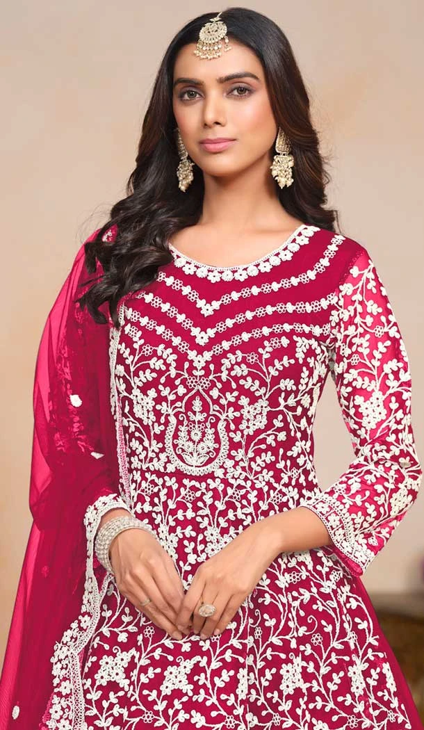Pink Net Embroidered Anarkali Style Salwar Suit - 146901235