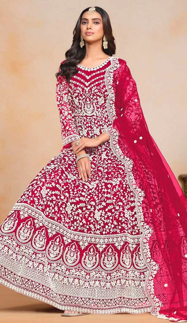 Pink Net Embroidered Anarkali Style Salwar Suit - 146901235