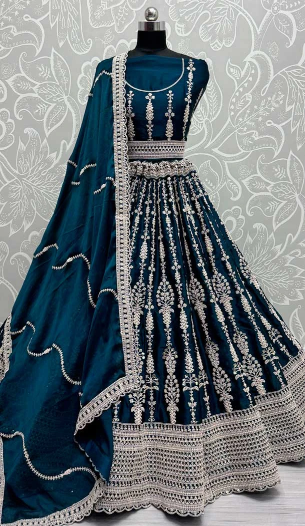 Satin Sequence Embroidered Wedding Wear Lehenga Choli In Morpich - 146921242