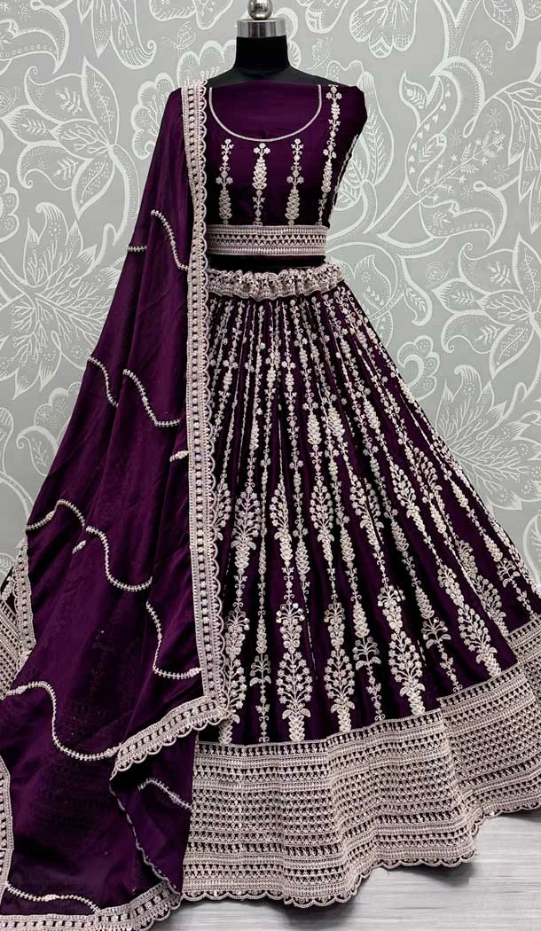 Satin Sequence Embroidered Wedding Wear Lehenga Choli In Purple - 146921243