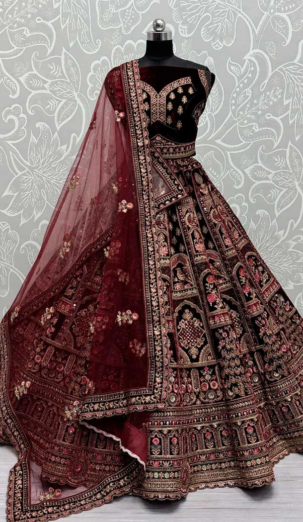 Maroon Velvet Sequence Embroidered Wedding Wear Lehenga Choli - 146931245