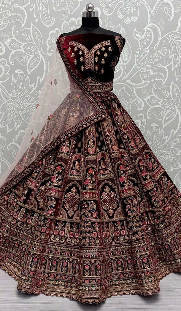 Maroon Velvet Sequence Embroidered Wedding Wear Lehenga Choli - 146931245