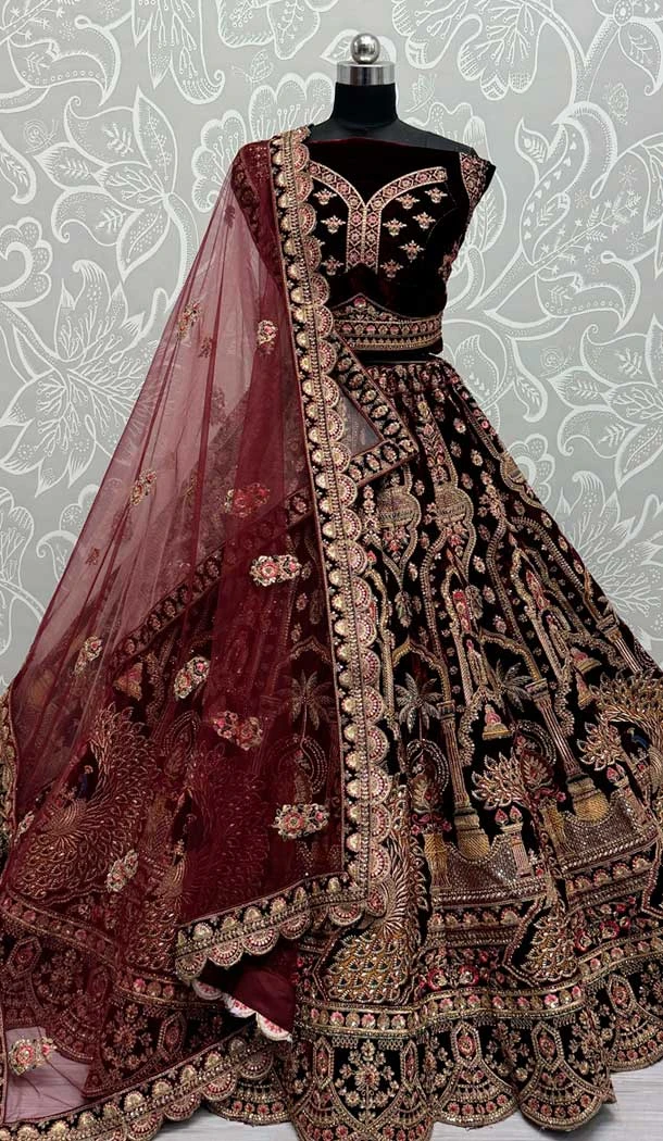 Velvet Sequence Embroidered Wedding Wear Lehenga Choli In Maroon - 146931247