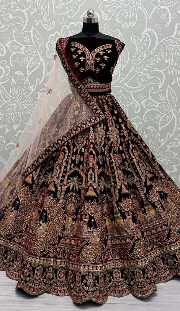 Velvet Sequence Embroidered Wedding Wear Lehenga Choli In Maroon - 146931247
