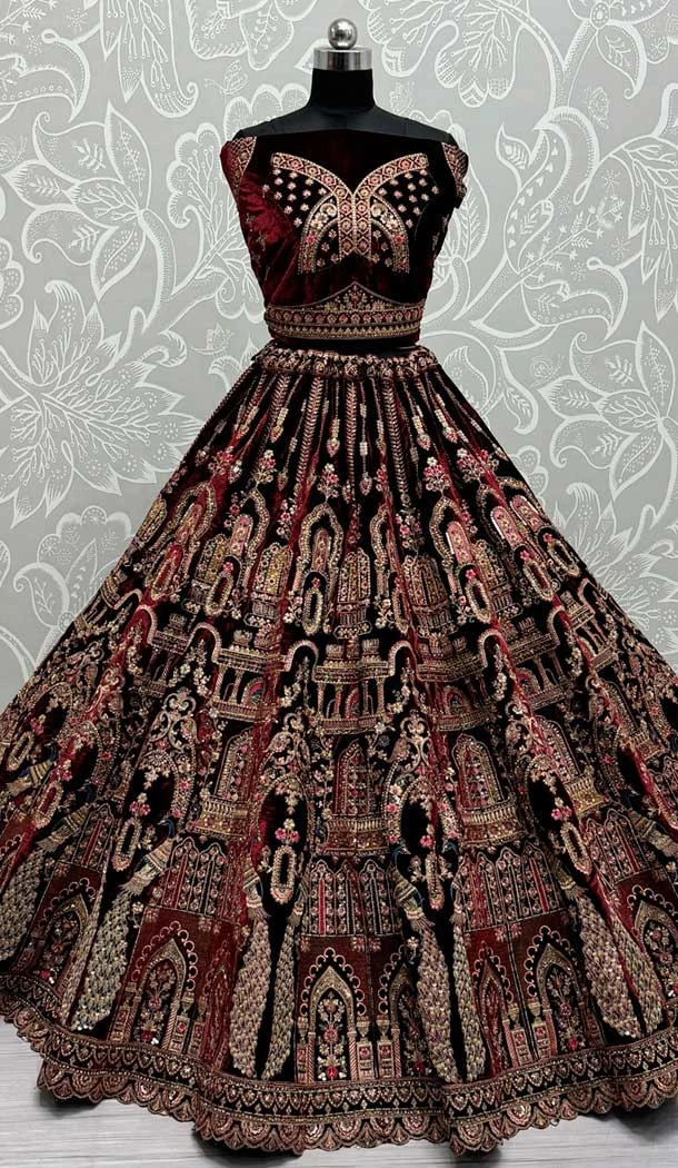 Velvet Maroon Sequence Embroidered Wedding Wear Lehenga Choli - 146931247