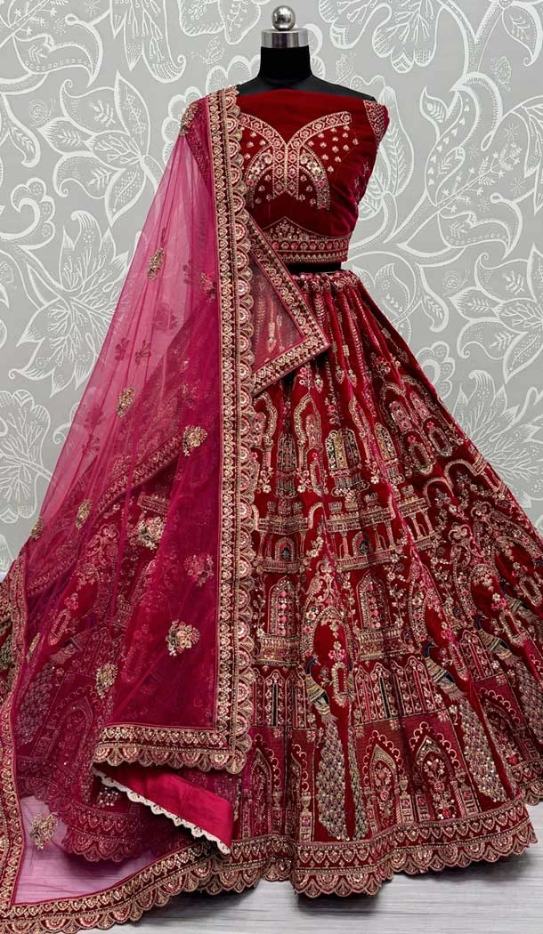 Pink Velvet Sequence Embroidered Wedding Wear Lehenga Choli - 146931248