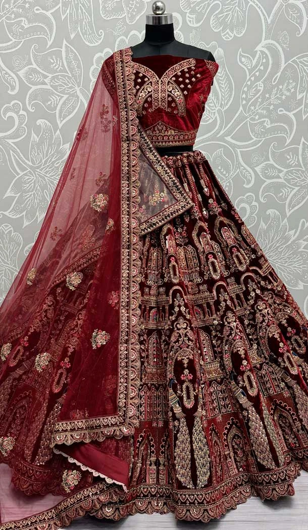 Velvet Sequence Embroidered Maroon Wedding Wear Lehenga Choli - 146931249