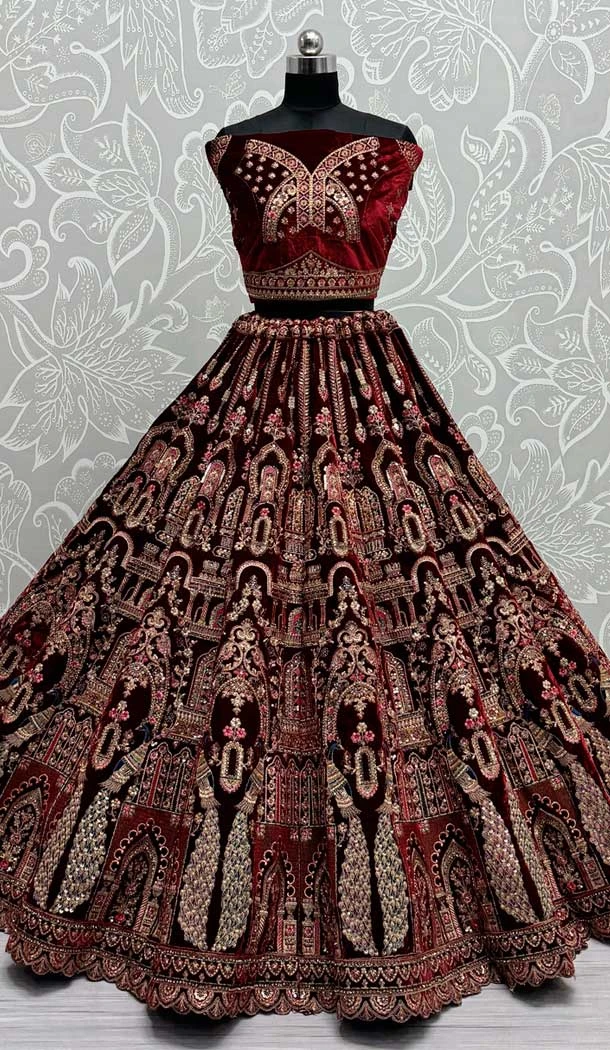 Velvet Sequence Embroidered Maroon Wedding Wear Lehenga Choli - 146931249