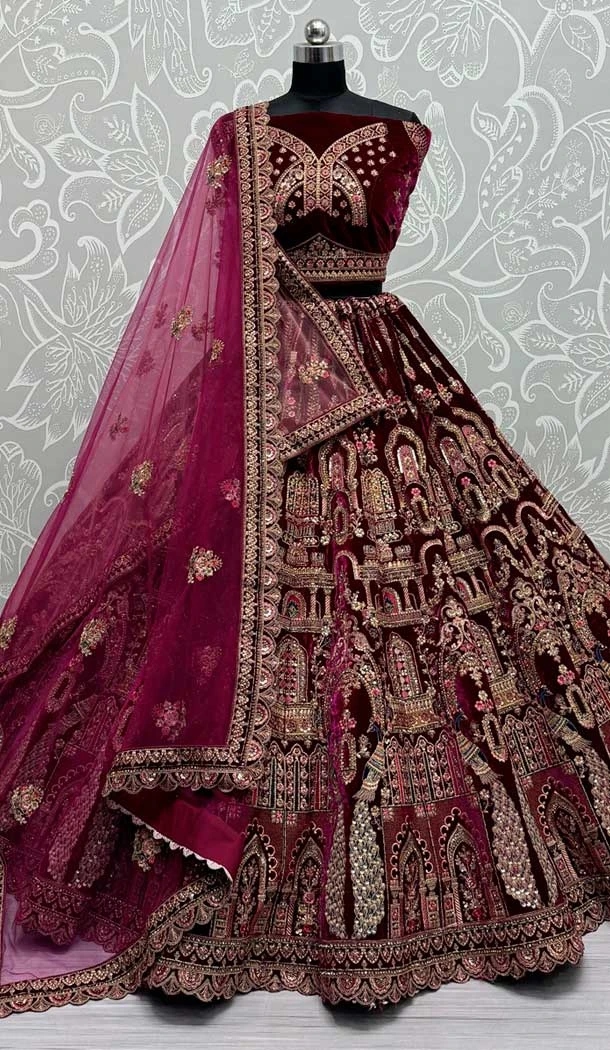 Purple Velvet Sequence Embroidered Wedding Wear Lehenga Choli - 146931250