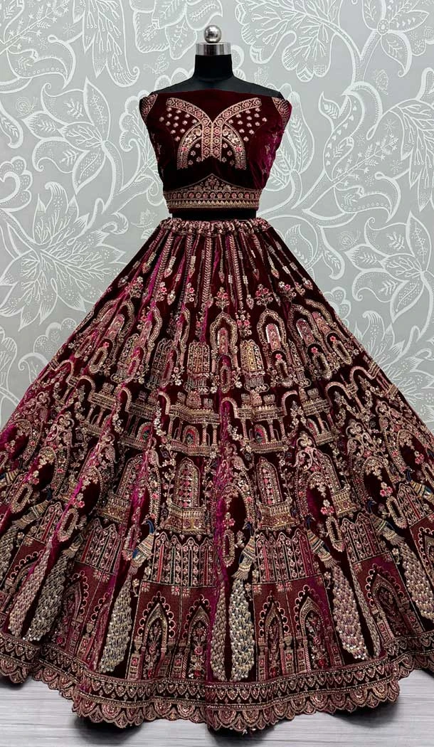 Purple Velvet Sequence Embroidered Wedding Wear Lehenga Choli - 146931250