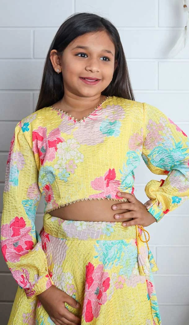 Yellow Chinon Digital Printed Kids Girls Readymade Lehenga Choli - 147291472
