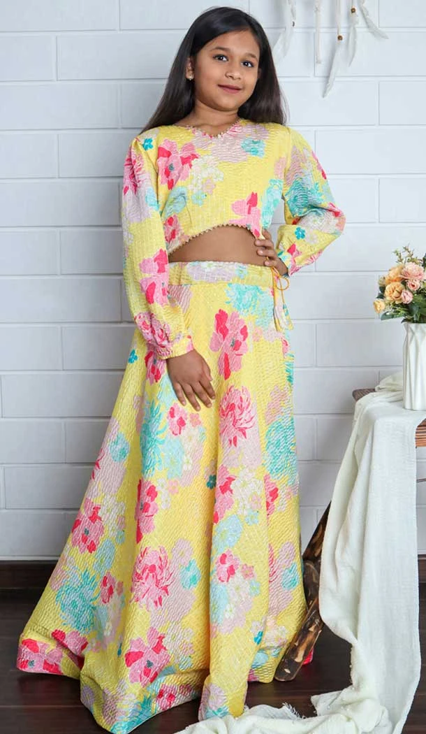 Yellow Chinon Digital Printed Kids Girls Readymade Lehenga Choli - 147291472