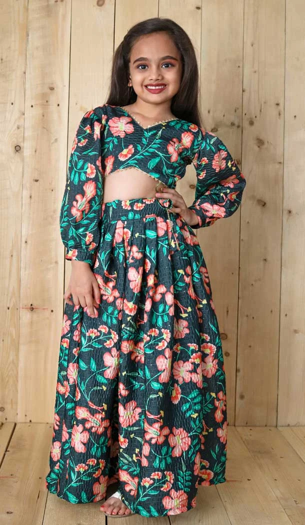 Green Chinon Digital Printed Kids Girls Readymade Lehenga Choli - 147291473