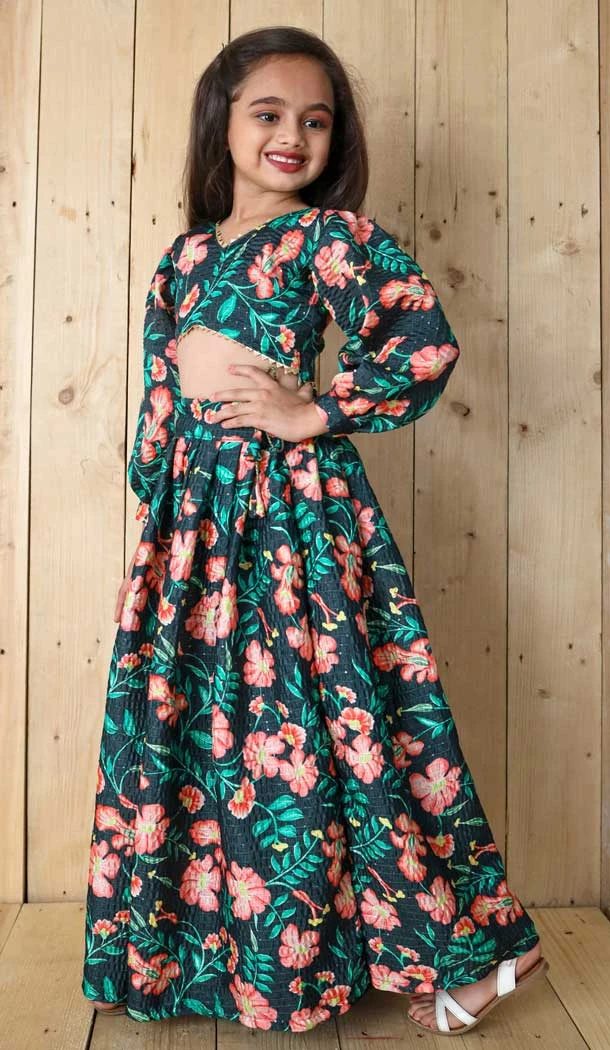 Green Chinon Digital Printed Kids Girls Readymade Lehenga Choli - 147291473
