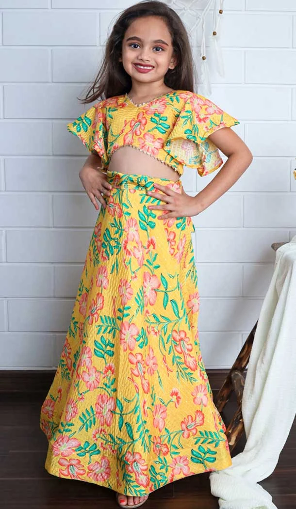 Chinon Digital Printed Kids Girls Readymade Lehenga Choli In Yellow - 147291474