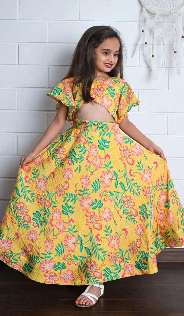 Chinon Digital Printed Kids Girls Readymade Lehenga Choli In Yellow - 147291474