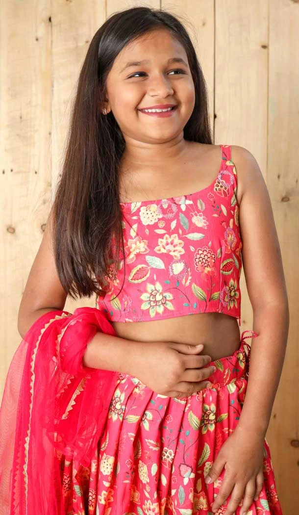 Pink Silk Digital Printed Kids Girls Readymade Lehenga Choli - 147291475
