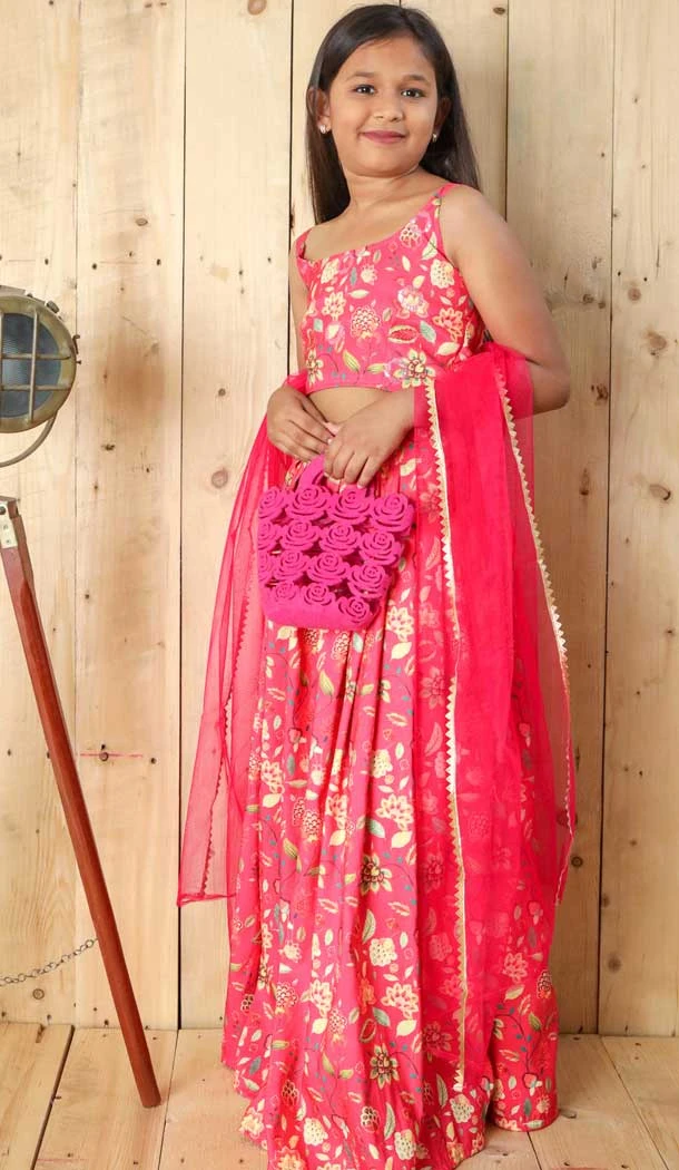 Pink Silk Digital Printed Kids Girls Readymade Lehenga Choli - 147291475