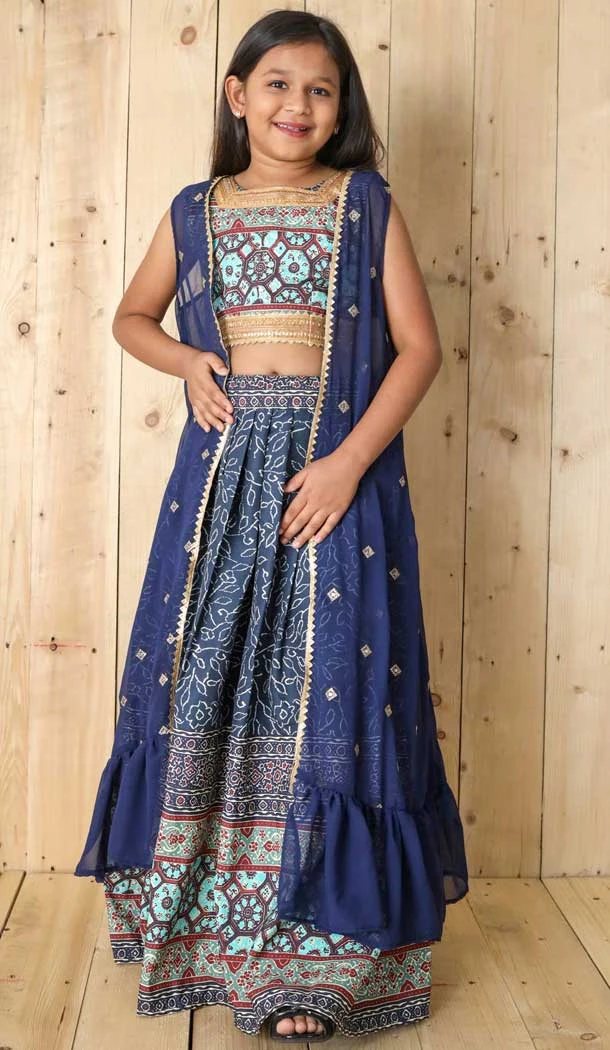 Blue Silk Digital Printed Kids Girls Readymade Lehenga Choli - 147291476