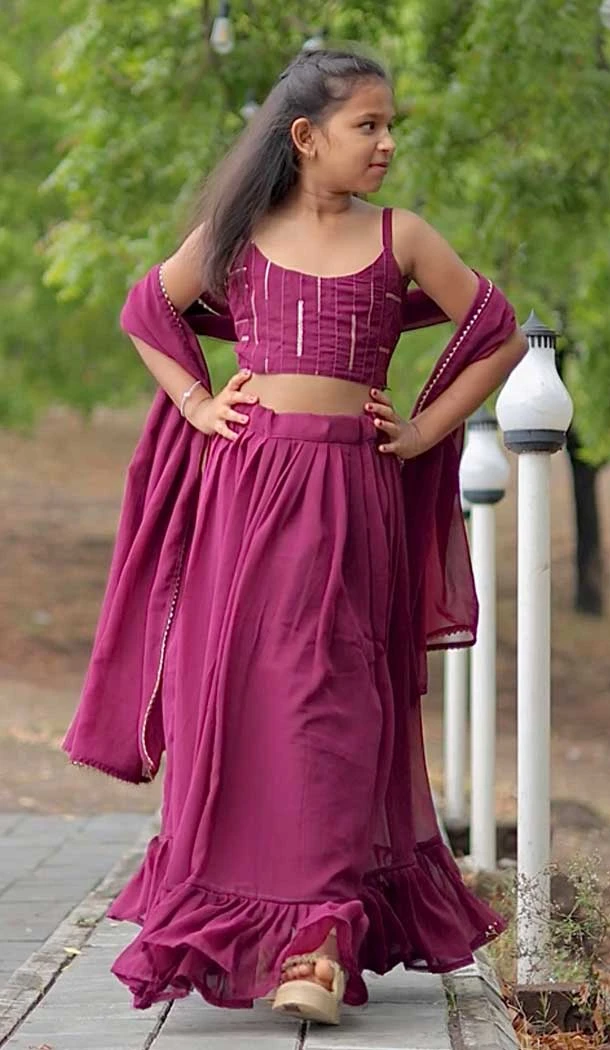 Wine Faux Georgette Digital Printed Kids Girls Readymade Lehenga Choli - 147291479