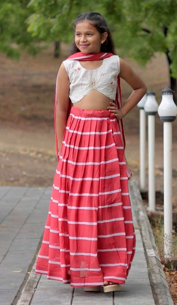 Red Faux Georgette Digital Printed Kids Girls Readymade Lehenga Choli - 147291480