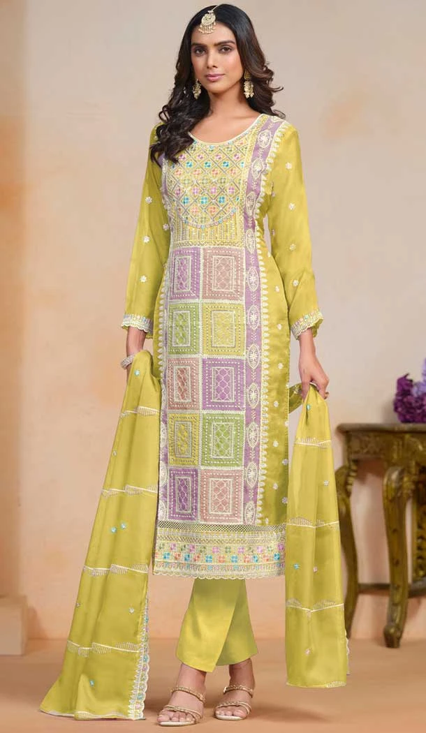 Organza Embroidered Party Wear Designer Salwar Suit In Yellow - 147541652