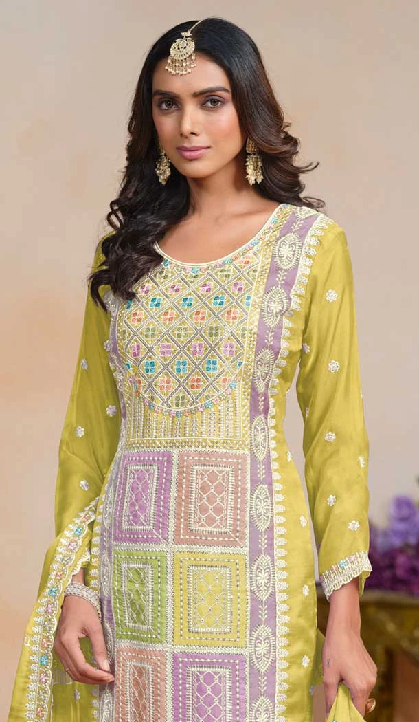 Organza Embroidered Party Wear Designer Salwar Suit In Yellow - 147541652