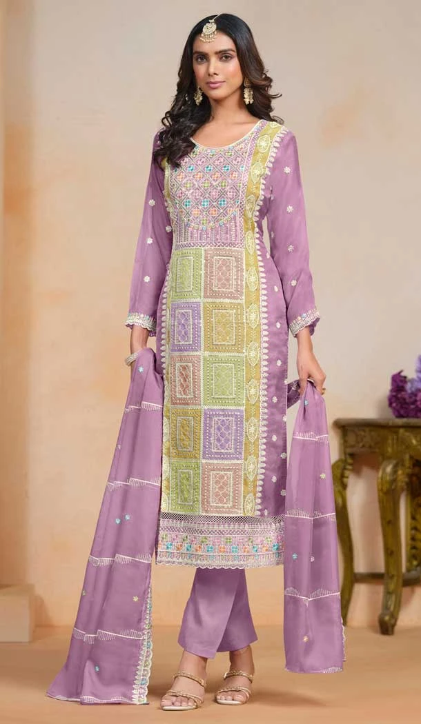 Organza Embroidered Party Wear Designer Salwar Suit In Purple - 147541653