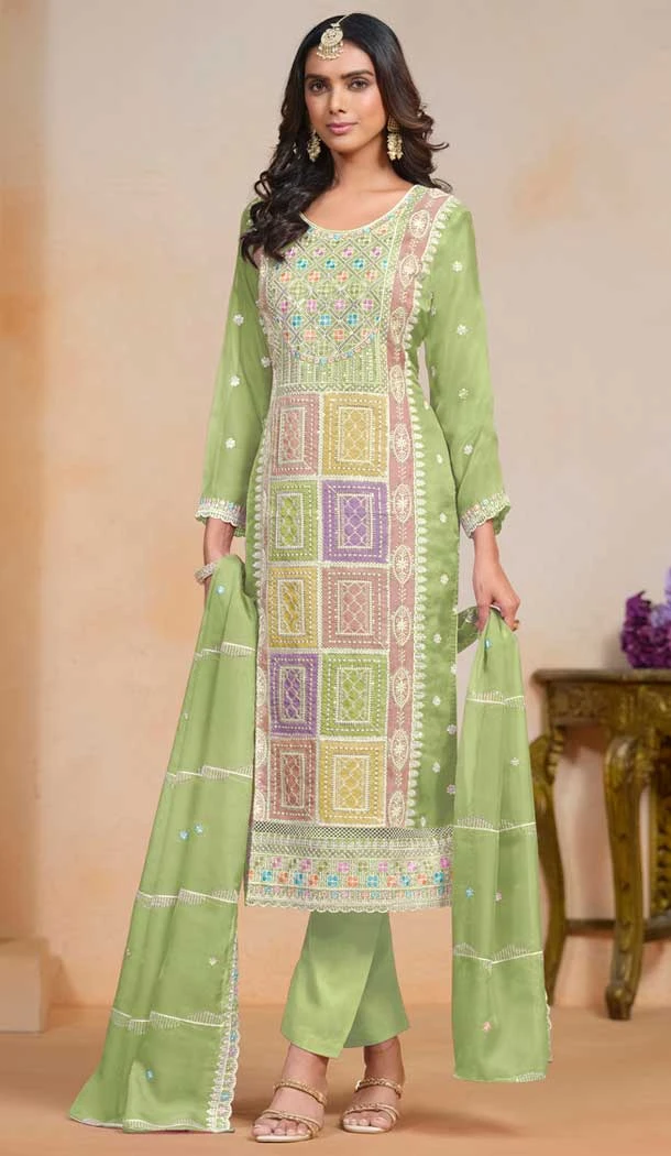 Organza Embroidered Party Wear Designer Salwar Suit In Green - 147541654