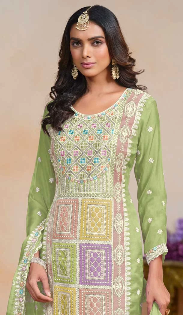 Organza Embroidered Party Wear Designer Salwar Suit In Green - 147541654