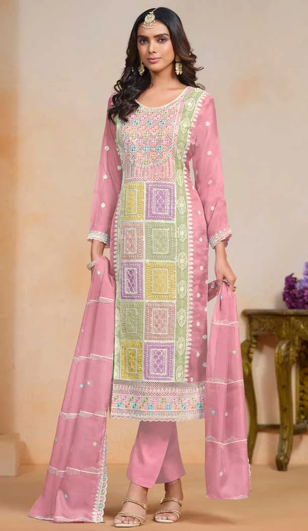 Organza Embroidered Party Wear Designer Salwar Suit In Pink - 147541655