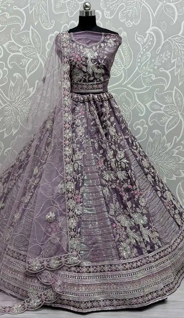 Gadwal Silk Thread Embroidered Wedding Lehenga Choli In Grey - 147731760