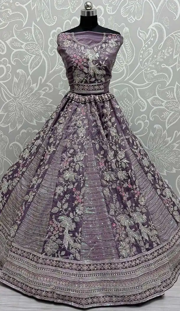 Gadwal Silk Thread Embroidered Wedding Lehenga Choli In Grey - 147731760
