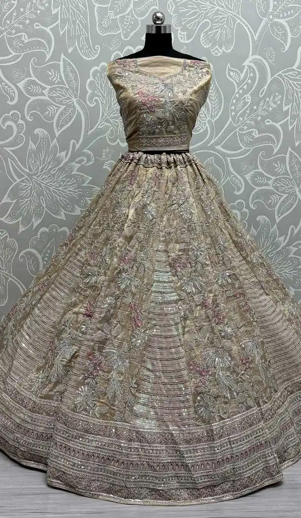 Gadwal Silk Thread Embroidered Wedding Lehenga Choli In Beige - 147731761