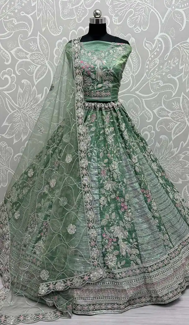 Gadwal Silk Thread Embroidered Wedding Lehenga Choli In Green - 147731762