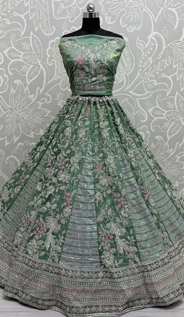 Gadwal Silk Thread Embroidered Wedding Lehenga Choli In Green - 147731762
