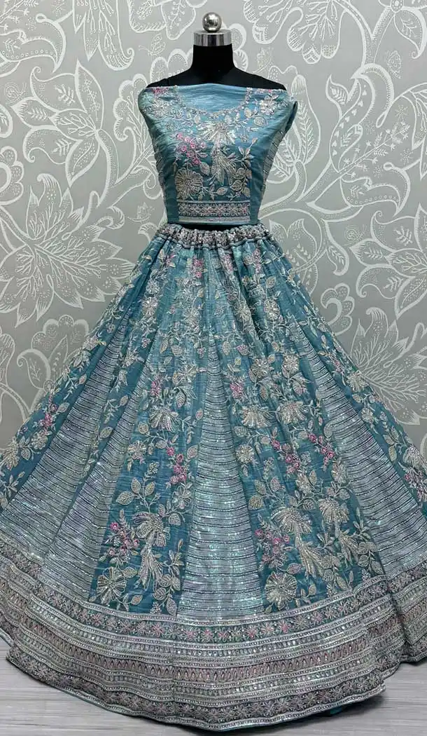 Gadwal Silk Thread Embroidered Wedding Lehenga Choli In Blue - 147731763