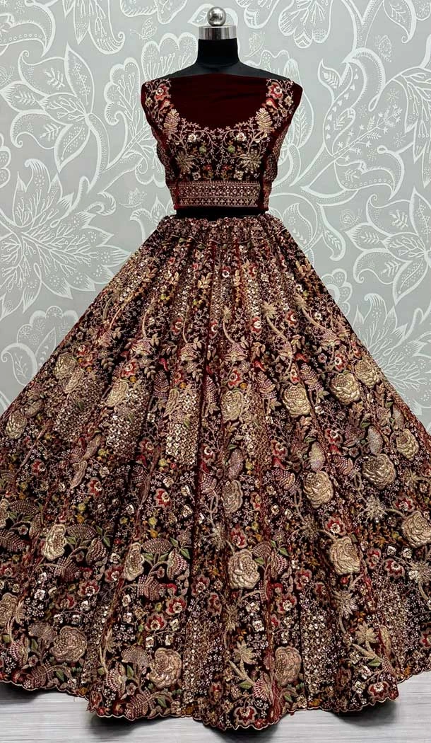 Maroon Velvet Thread Work Wedding Wear Designer Lehenga Choli - 147741764