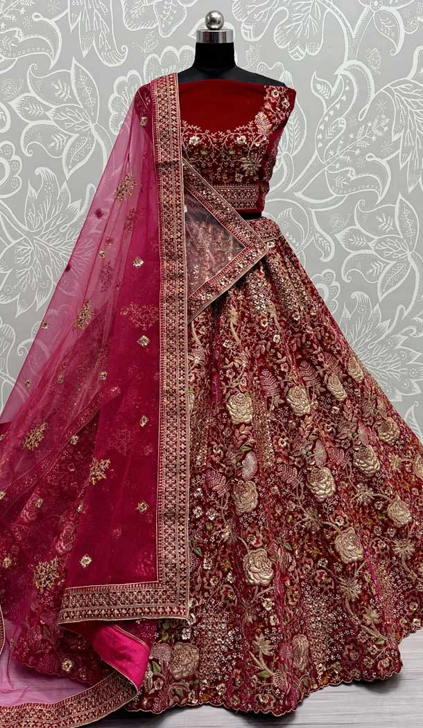 Pink Velvet Thread Work Wedding Wear Designer Lehenga Choli - 147741765