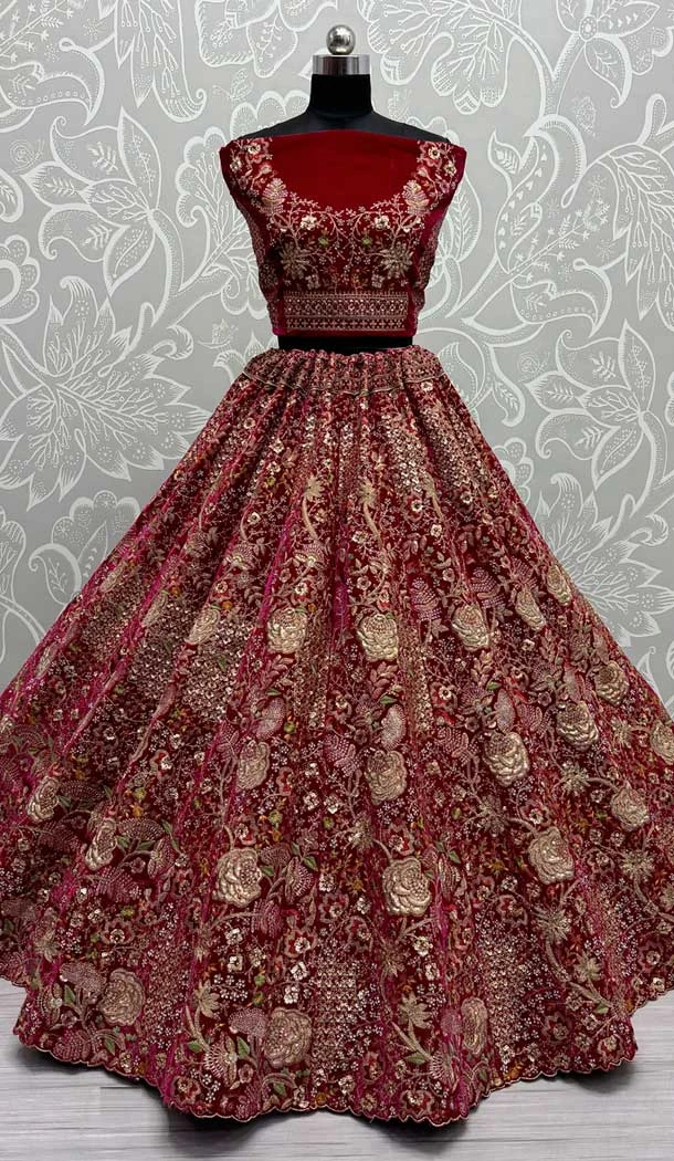 Pink Velvet Thread Work Wedding Wear Designer Lehenga Choli - 147741765
