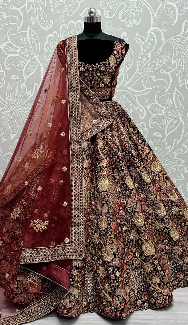 Black Velvet Thread Work Wedding Wear Designer Lehenga Choli - 147741766