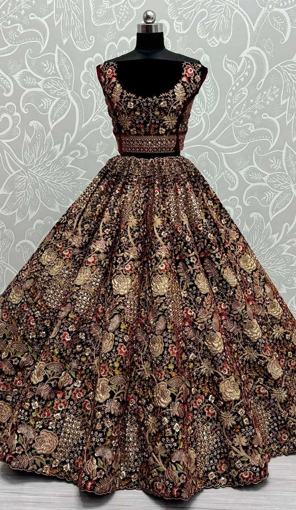 Black Velvet Thread Work Wedding Wear Designer Lehenga Choli - 147741766