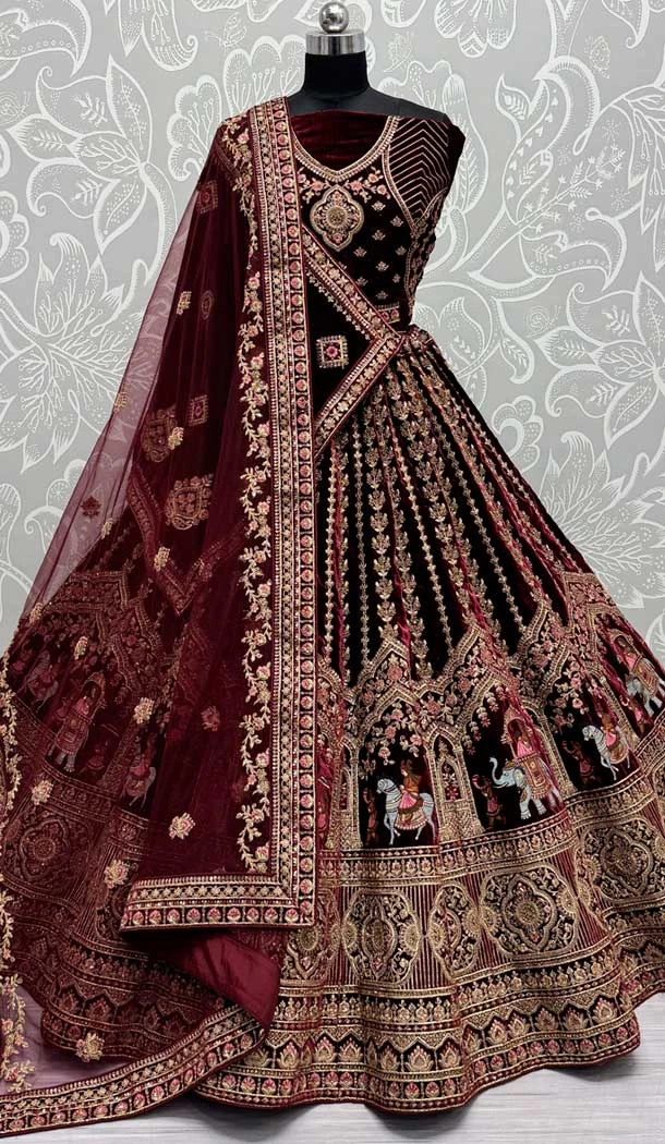 Velvet Thread Work Wedding Wear Designer Lehenga Choli In Maroon - 147741767