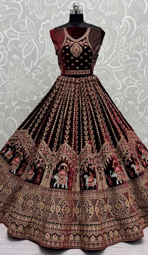 Velvet Thread Work Wedding Wear Designer Lehenga Choli In Maroon - 147741767