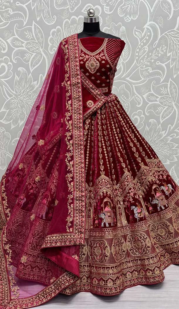 Pink Velvet Thread Work Wedding Wear Designer Lehenga Choli - 147741768